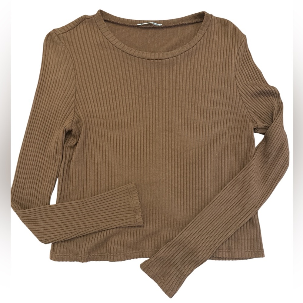 Reformation Jackie Knit Cropped Long Sleeve Top Ribbed Chestnut Brown Round Neck